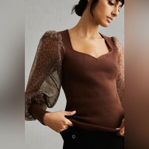 DOLAN Puff-Sleeve Sweater Anthropologie Size Medium Brown with sheer sleeves